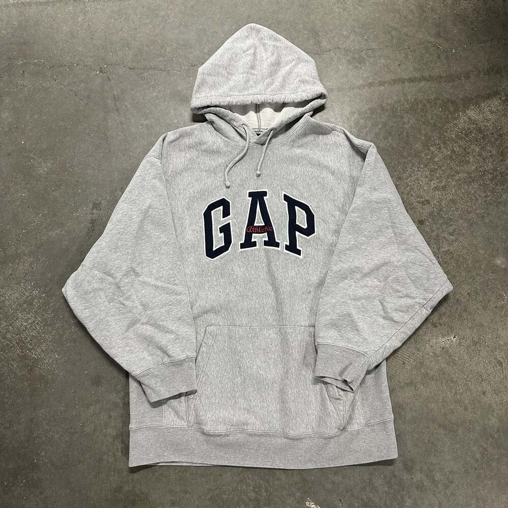 Vintage 90s Grey Gap Athletic Embroidered Spellout Hoodie Size L